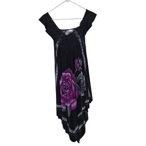 Silk and Polyester Black Dress with Purple Rose Design Large